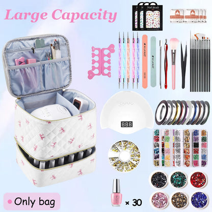 Nail Polish Organizer Holds 35 Bottles & Nail Lamp, Nail Organizers and Storage, Double Layer Nail Bag with Handle & Shoulder Strap for Travel, Nail Supplies Organizer for Manicure Kit (Black)