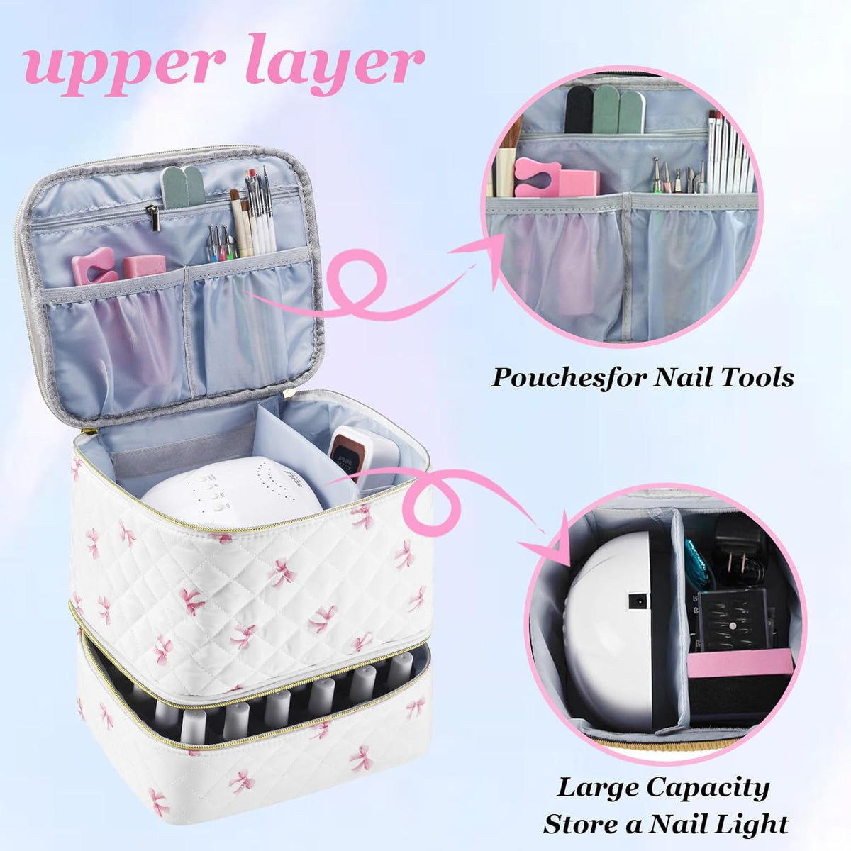 Nail Polish Organizer Holds 35 Bottles & Nail Lamp, Nail Organizers and Storage, Double Layer Nail Bag with Handle & Shoulder Strap for Travel, Nail Supplies Organizer for Manicure Kit (Black)