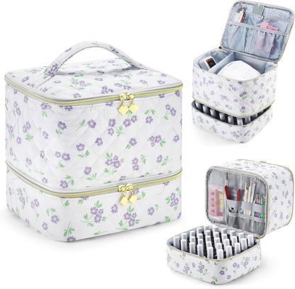 Nail Polish Organizer Holds 35 Bottles & Nail Lamp, Nail Organizers and Storage, Double Layer Nail Bag with Handle & Shoulder Strap for Travel, Nail Supplies Organizer for Manicure Kit (Black)