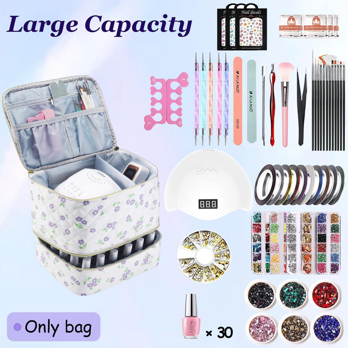 Nail Polish Organizer Holds 35 Bottles & Nail Lamp, Nail Organizers and Storage, Double Layer Nail Bag with Handle & Shoulder Strap for Travel, Nail Supplies Organizer for Manicure Kit (Black)