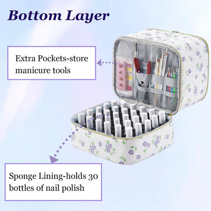Nail Polish Organizer Holds 35 Bottles & Nail Lamp, Nail Organizers and Storage, Double Layer Nail Bag with Handle & Shoulder Strap for Travel, Nail Supplies Organizer for Manicure Kit (Black)