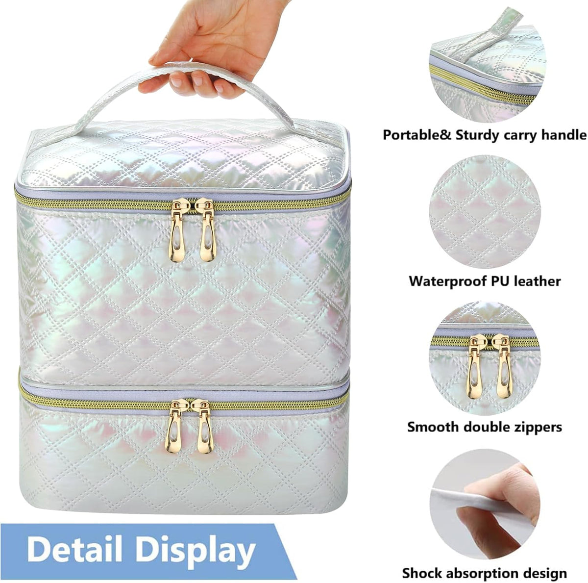 Nail Polish Organizer Holds 35 Bottles & Nail Lamp, Nail Organizers and Storage, Double Layer Nail Bag with Handle & Shoulder Strap for Travel, Nail Supplies Organizer for Manicure Kit (Black)