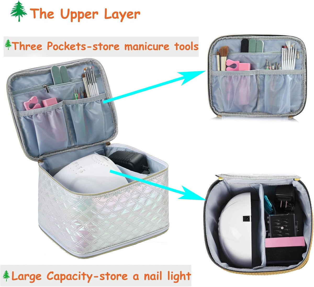 Nail Polish Organizer Holds 35 Bottles & Nail Lamp, Nail Organizers and Storage, Double Layer Nail Bag with Handle & Shoulder Strap for Travel, Nail Supplies Organizer for Manicure Kit (Black)