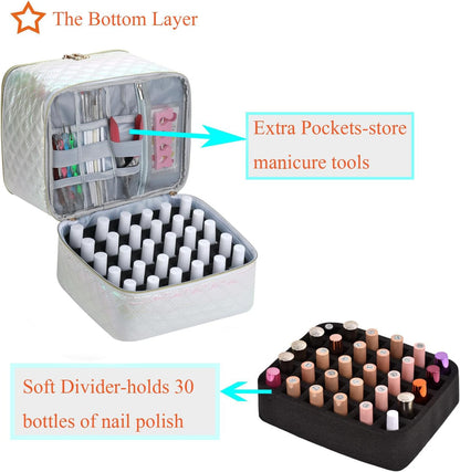 Nail Polish Organizer Holds 35 Bottles & Nail Lamp, Nail Organizers and Storage, Double Layer Nail Bag with Handle & Shoulder Strap for Travel, Nail Supplies Organizer for Manicure Kit (Black)