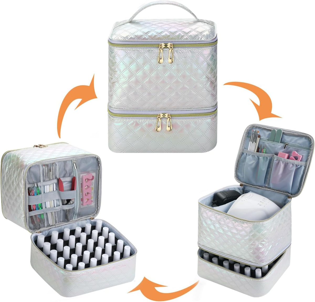 Nail Polish Organizer Holds 35 Bottles & Nail Lamp, Nail Organizers and Storage, Double Layer Nail Bag with Handle & Shoulder Strap for Travel, Nail Supplies Organizer for Manicure Kit (Black)