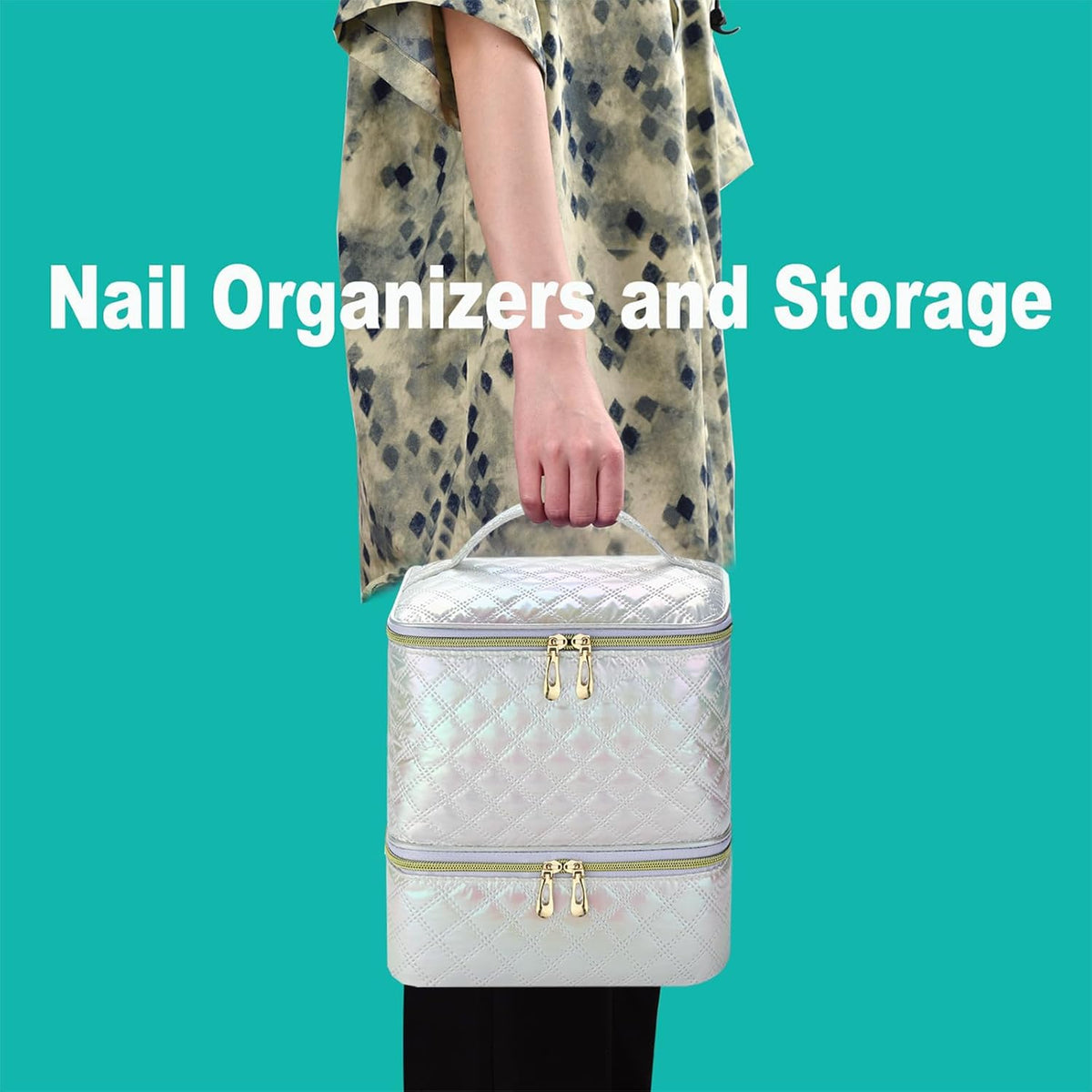 Nail Polish Organizer Holds 35 Bottles & Nail Lamp, Nail Organizers and Storage, Double Layer Nail Bag with Handle & Shoulder Strap for Travel, Nail Supplies Organizer for Manicure Kit (Black)