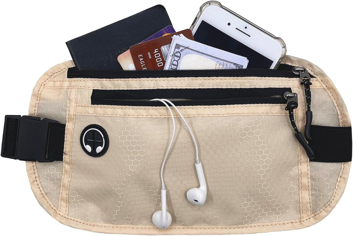 Travel Money Belt: Waist Pack for Running and Cycling, Rfid, Comfortable, Durable and Lightweight Hidden Travel Passport Wallets.(Khaki)