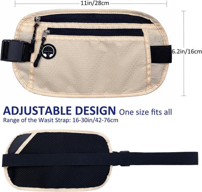 Travel Money Belt: Waist Pack for Running and Cycling, Rfid, Comfortable, Durable and Lightweight Hidden Travel Passport Wallets.(Khaki)