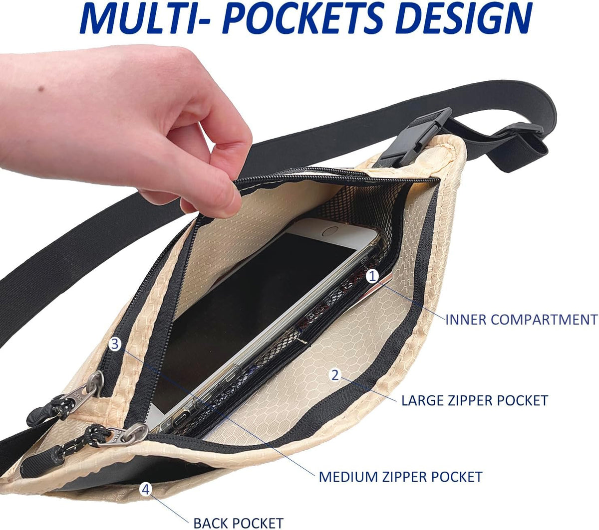 Travel Money Belt: Waist Pack for Running and Cycling, Rfid, Comfortable, Durable and Lightweight Hidden Travel Passport Wallets.(Khaki)