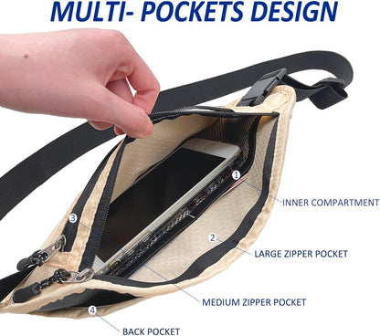 Travel Money Belt: Waist Pack for Running and Cycling, Rfid, Comfortable, Durable and Lightweight Hidden Travel Passport Wallets.(Khaki)