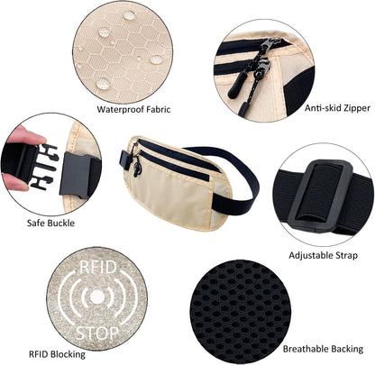 Travel Money Belt: Waist Pack for Running and Cycling, Rfid, Comfortable, Durable and Lightweight Hidden Travel Passport Wallets.(Khaki)