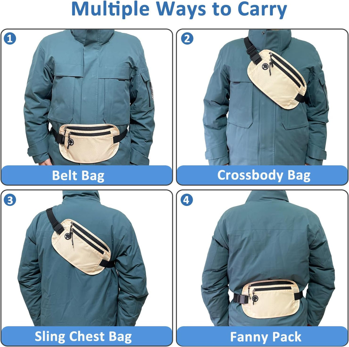 Travel Money Belt: Waist Pack for Running and Cycling, Rfid, Comfortable, Durable and Lightweight Hidden Travel Passport Wallets.(Khaki)