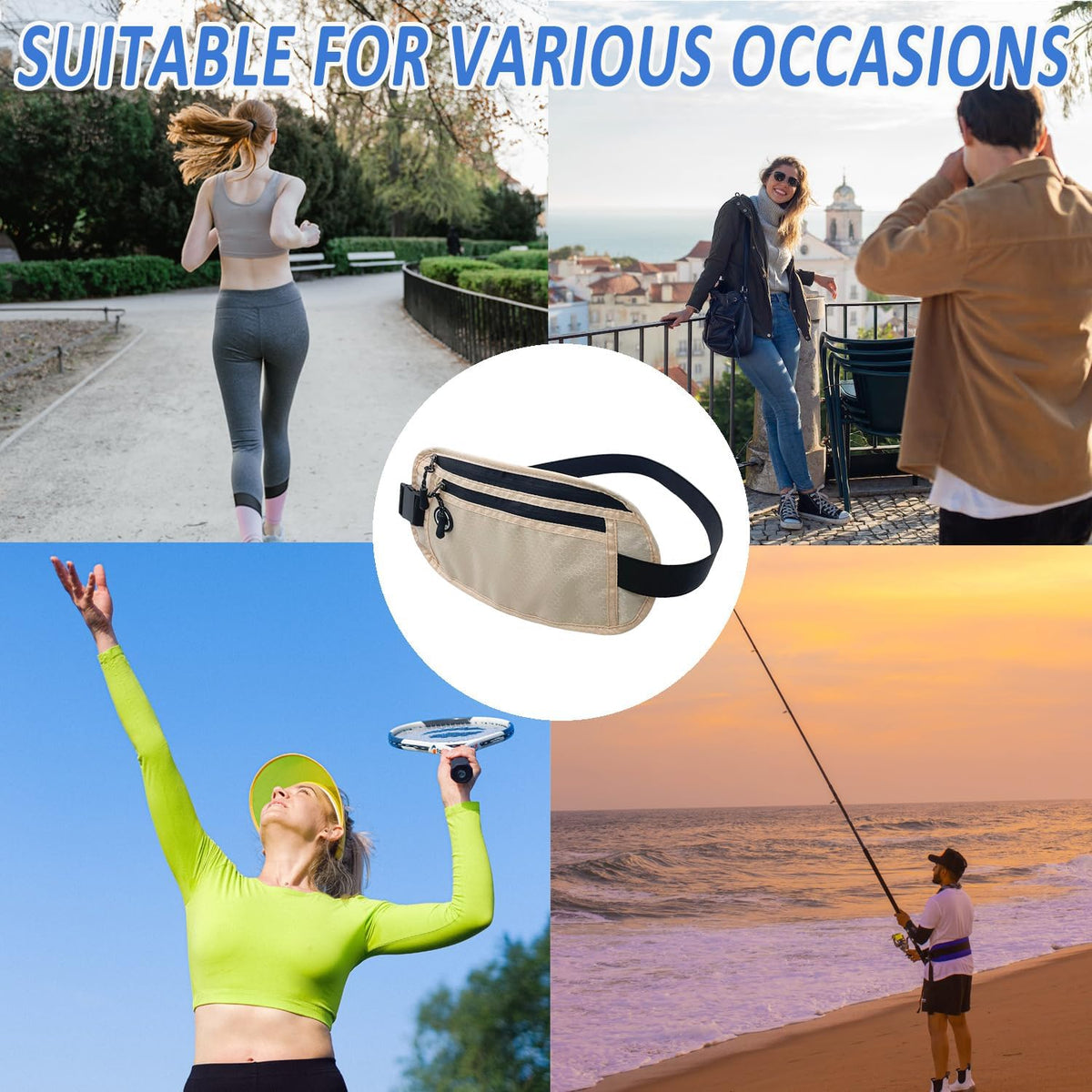 Travel Money Belt: Waist Pack for Running and Cycling, Rfid, Comfortable, Durable and Lightweight Hidden Travel Passport Wallets.(Khaki)