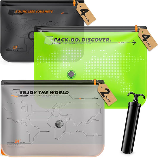 10 Pack Travel Vacuum Bags with Hand Pump, Reusable Waterproof Space Saver for Luggage Clothes Packing
