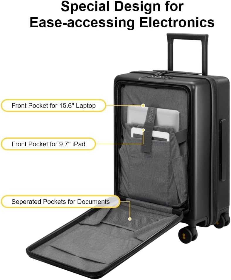 Road Runner Carry On Luggage with Front Compartment, 20 Inch Lightweight Hard Shell Suitcases with Wheels Airline Approved, Tsa Locks for Luggage, Grey,21.46" x 14.57" x 9.45"
