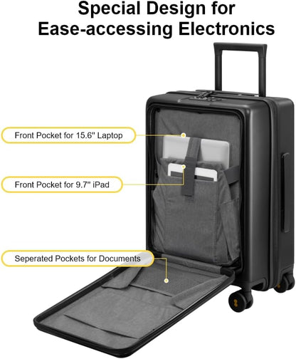 Road Runner Carry On Luggage with Front Compartment, 20 Inch Lightweight Hard Shell Suitcases with Wheels Airline Approved, Tsa Locks for Luggage, Grey,21.46" x 14.57" x 9.45"