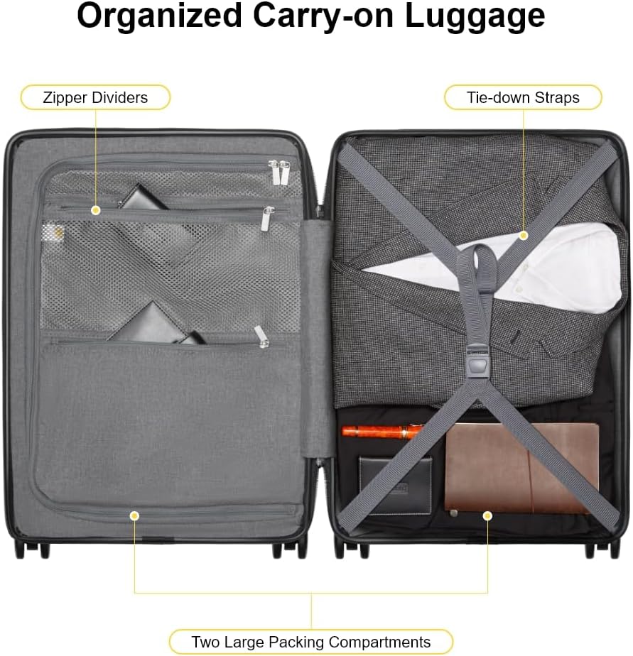 Road Runner Carry On Luggage with Front Compartment, 20 Inch Lightweight Hard Shell Suitcases with Wheels Airline Approved, Tsa Locks for Luggage, Grey,21.46" x 14.57" x 9.45"