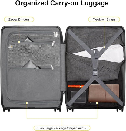 Road Runner Carry On Luggage with Front Compartment, 20 Inch Lightweight Hard Shell Suitcases with Wheels Airline Approved, Tsa Locks for Luggage, Grey,21.46" x 14.57" x 9.45"