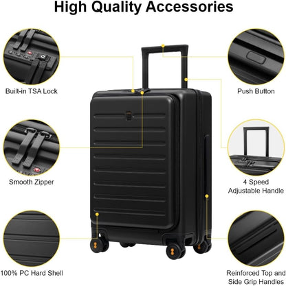 Road Runner Carry On Luggage with Front Compartment, 20 Inch Lightweight Hard Shell Suitcases with Wheels Airline Approved, Tsa Locks for Luggage, Grey,21.46" x 14.57" x 9.45"