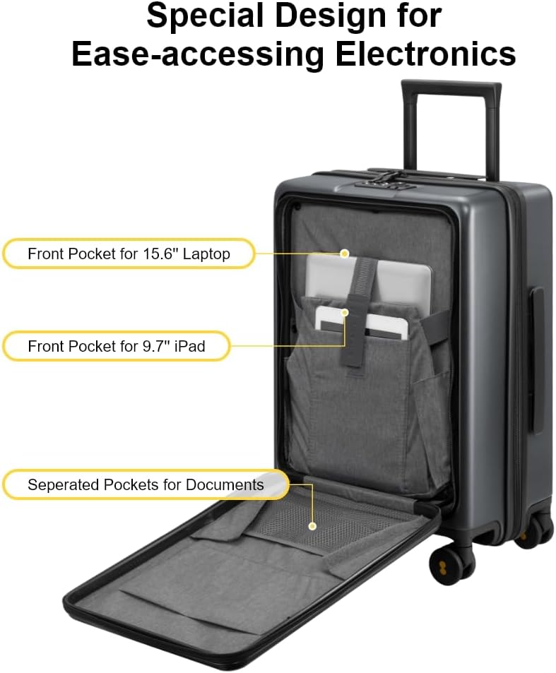 Road Runner Carry On Luggage with Front Compartment, 20 Inch Lightweight Hard Shell Suitcases with Wheels Airline Approved, Tsa Locks for Luggage, Grey,21.46" x 14.57" x 9.45"
