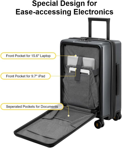 Road Runner Carry On Luggage with Front Compartment, 20 Inch Lightweight Hard Shell Suitcases with Wheels Airline Approved, Tsa Locks for Luggage, Grey,21.46" x 14.57" x 9.45"
