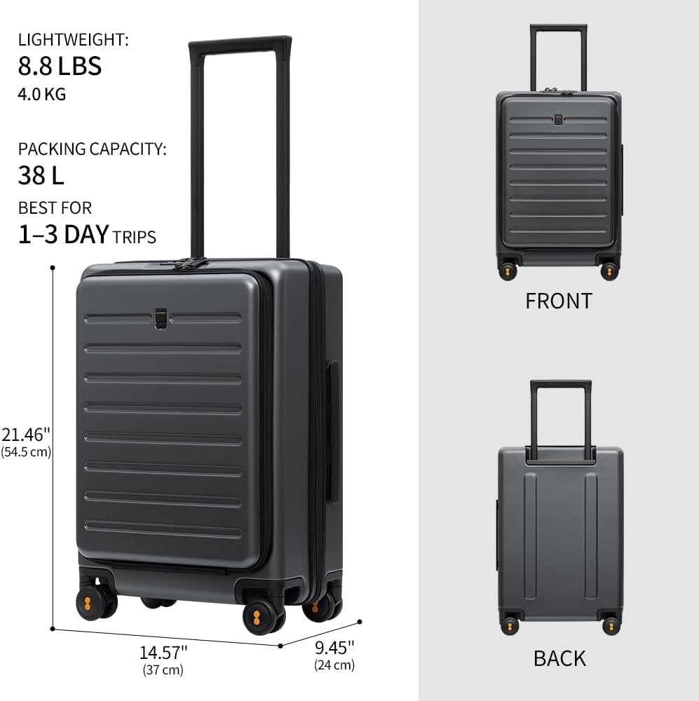 Road Runner Carry On Luggage with Front Compartment, 20 Inch Lightweight Hard Shell Suitcases with Wheels Airline Approved, Tsa Locks for Luggage, Grey,21.46" x 14.57" x 9.45"