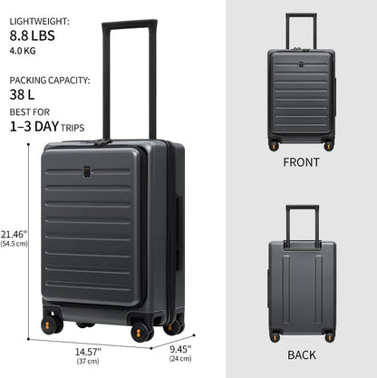 Road Runner Carry On Luggage with Front Compartment, 20 Inch Lightweight Hard Shell Suitcases with Wheels Airline Approved, Tsa Locks for Luggage, Grey,21.46" x 14.57" x 9.45"