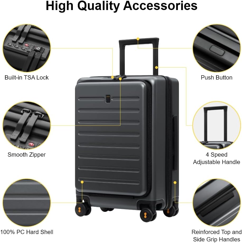 Road Runner Carry On Luggage with Front Compartment, 20 Inch Lightweight Hard Shell Suitcases with Wheels Airline Approved, Tsa Locks for Luggage, Grey,21.46" x 14.57" x 9.45"