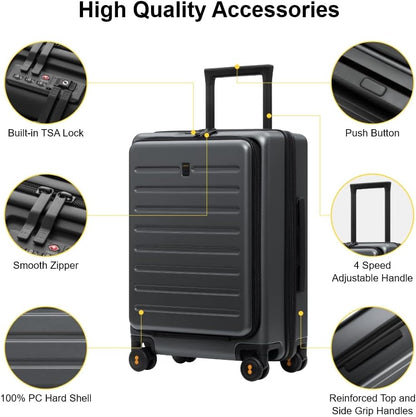 Road Runner Carry On Luggage with Front Compartment, 20 Inch Lightweight Hard Shell Suitcases with Wheels Airline Approved, Tsa Locks for Luggage, Grey,21.46" x 14.57" x 9.45"