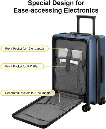 Road Runner Carry On Luggage with Front Compartment, 20 Inch Lightweight Hard Shell Suitcases with Wheels Airline Approved, Tsa Locks for Luggage, Grey,21.46" x 14.57" x 9.45"