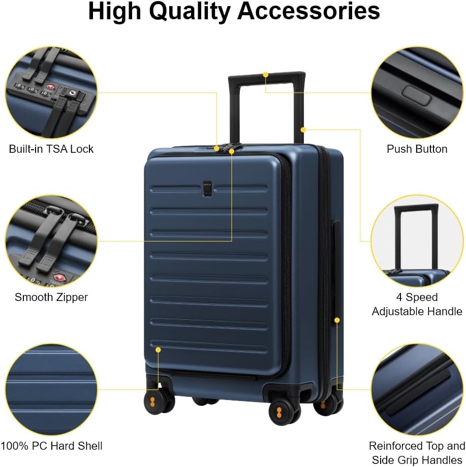 Road Runner Carry On Luggage with Front Compartment, 20 Inch Lightweight Hard Shell Suitcases with Wheels Airline Approved, Tsa Locks for Luggage, Grey,21.46" x 14.57" x 9.45"