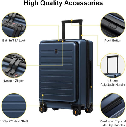 Road Runner Carry On Luggage with Front Compartment, 20 Inch Lightweight Hard Shell Suitcases with Wheels Airline Approved, Tsa Locks for Luggage, Grey,21.46" x 14.57" x 9.45"