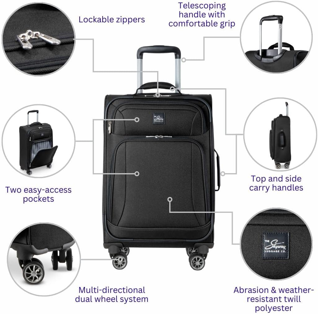 Skyway Epic Softside Carry-On Luggage - Lightweight Suitcase with Wheels for Travel | TSA Approved Carry-On Bag | Spinner Suitcase | Carry-On Luggage with Telescoping Handle, 20 inch, Surf Blue