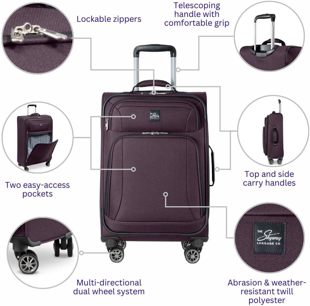 Skyway Epic Softside Carry-On Luggage - Lightweight Suitcase with Wheels for Travel | TSA Approved Carry-On Bag | Spinner Suitcase | Carry-On Luggage with Telescoping Handle, 20 inch, Surf Blue