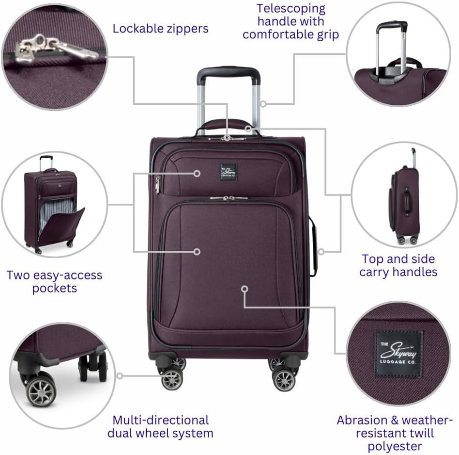Skyway Epic Softside Carry-On Luggage - Lightweight Suitcase with Wheels for Travel | TSA Approved Carry-On Bag | Spinner Suitcase | Carry-On Luggage with Telescoping Handle, 20 inch, Surf Blue