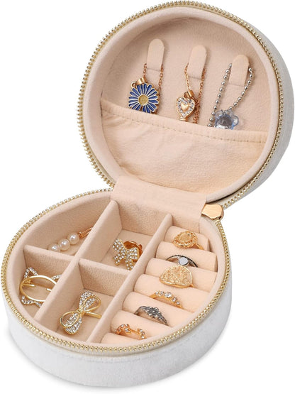 Velvet Jewelry Organizer, Mini Travel Jewelry Case, Small Portable Travel Jewelry Organizer Box with Mirror for Earrings Bracelets Rings Necklace (Beige)