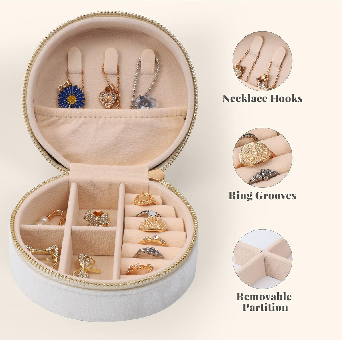 Velvet Jewelry Organizer, Mini Travel Jewelry Case, Small Portable Travel Jewelry Organizer Box with Mirror for Earrings Bracelets Rings Necklace (Beige)
