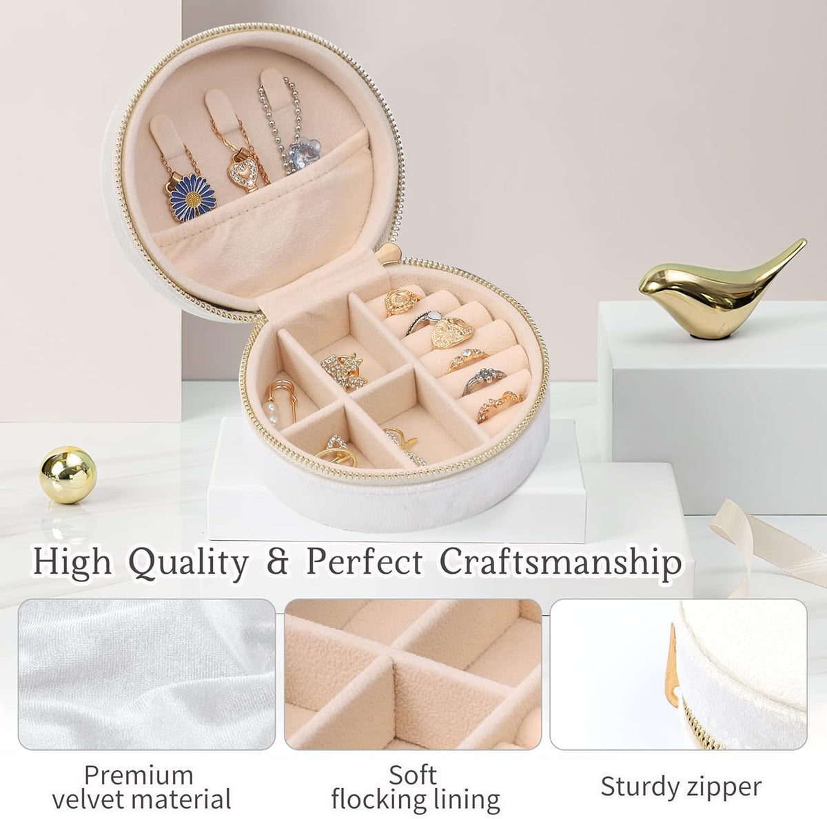 Velvet Jewelry Organizer, Mini Travel Jewelry Case, Small Portable Travel Jewelry Organizer Box with Mirror for Earrings Bracelets Rings Necklace (Beige)