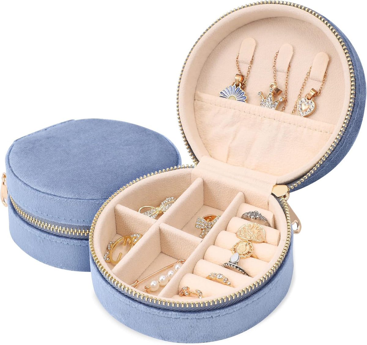 Velvet Jewelry Organizer, Mini Travel Jewelry Case, Small Portable Travel Jewelry Organizer Box with Mirror for Earrings Bracelets Rings Necklace (Beige)