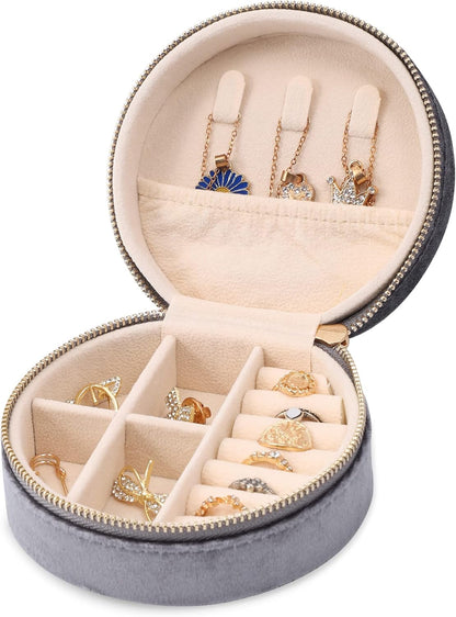 Velvet Jewelry Organizer, Mini Travel Jewelry Case, Small Portable Travel Jewelry Organizer Box with Mirror for Earrings Bracelets Rings Necklace (Beige)