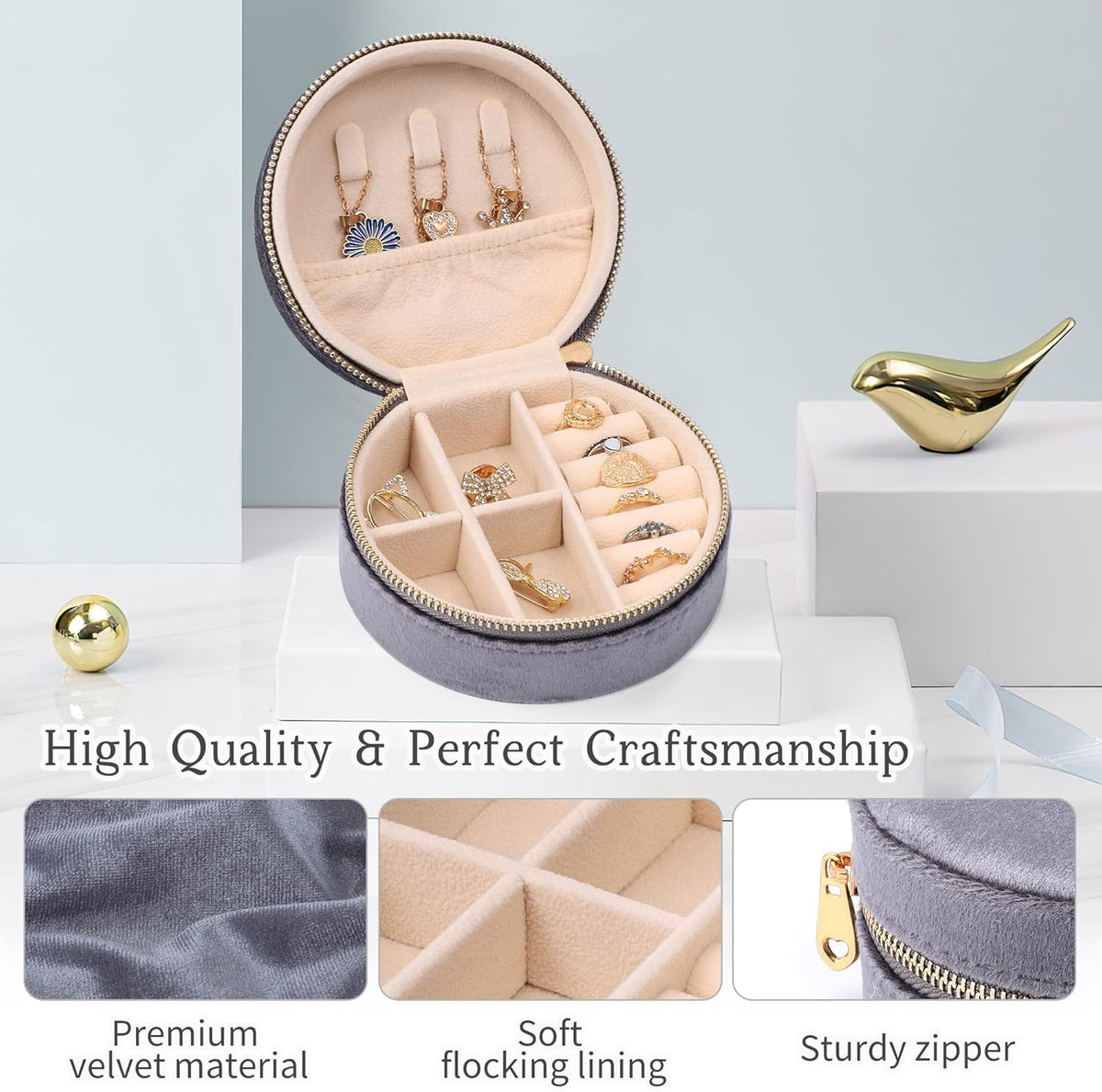 Velvet Jewelry Organizer, Mini Travel Jewelry Case, Small Portable Travel Jewelry Organizer Box with Mirror for Earrings Bracelets Rings Necklace (Beige)