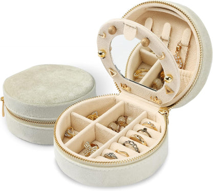 Velvet Jewelry Organizer, Mini Travel Jewelry Case, Small Portable Travel Jewelry Organizer Box with Mirror for Earrings Bracelets Rings Necklace (Beige)