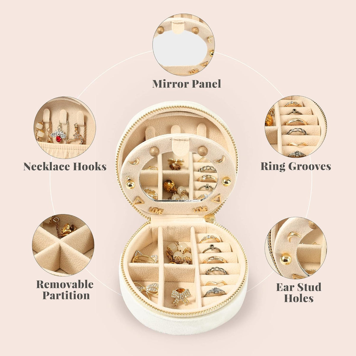 Velvet Jewelry Organizer, Mini Travel Jewelry Case, Small Portable Travel Jewelry Organizer Box with Mirror for Earrings Bracelets Rings Necklace (Beige)