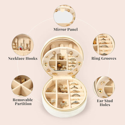 Velvet Jewelry Organizer, Mini Travel Jewelry Case, Small Portable Travel Jewelry Organizer Box with Mirror for Earrings Bracelets Rings Necklace (Beige)