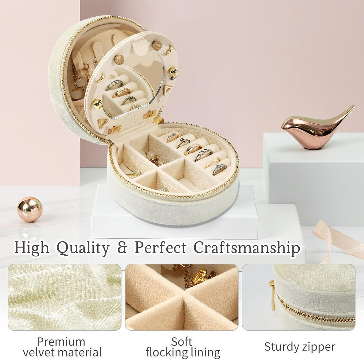 Velvet Jewelry Organizer, Mini Travel Jewelry Case, Small Portable Travel Jewelry Organizer Box with Mirror for Earrings Bracelets Rings Necklace (Beige)