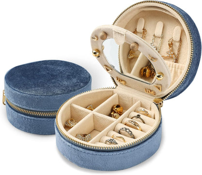 Velvet Jewelry Organizer, Mini Travel Jewelry Case, Small Portable Travel Jewelry Organizer Box with Mirror for Earrings Bracelets Rings Necklace (Beige)