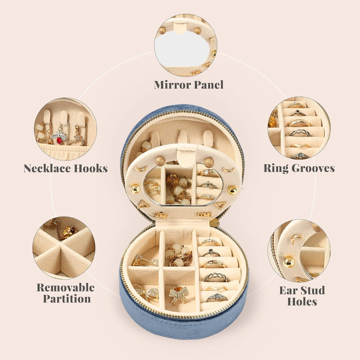 Velvet Jewelry Organizer, Mini Travel Jewelry Case, Small Portable Travel Jewelry Organizer Box with Mirror for Earrings Bracelets Rings Necklace (Beige)