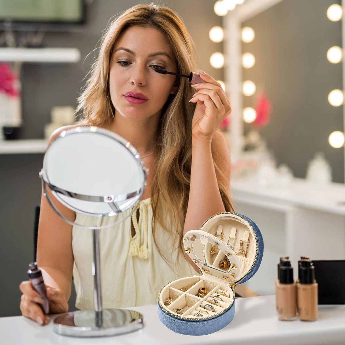 Velvet Jewelry Organizer, Mini Travel Jewelry Case, Small Portable Travel Jewelry Organizer Box with Mirror for Earrings Bracelets Rings Necklace (Beige)