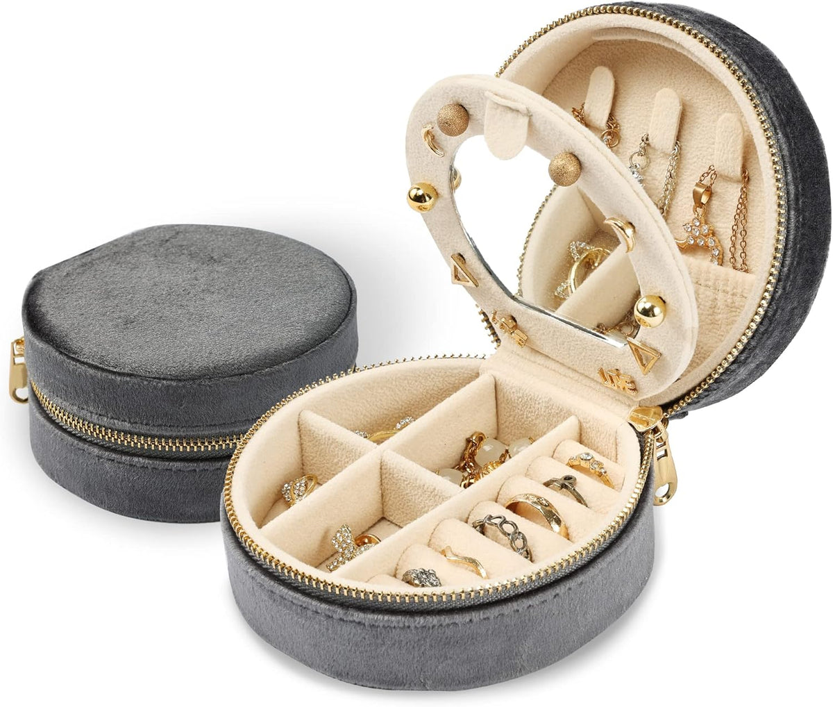 Velvet Jewelry Organizer, Mini Travel Jewelry Case, Small Portable Travel Jewelry Organizer Box with Mirror for Earrings Bracelets Rings Necklace (Beige)