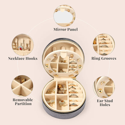 Velvet Jewelry Organizer, Mini Travel Jewelry Case, Small Portable Travel Jewelry Organizer Box with Mirror for Earrings Bracelets Rings Necklace (Beige)